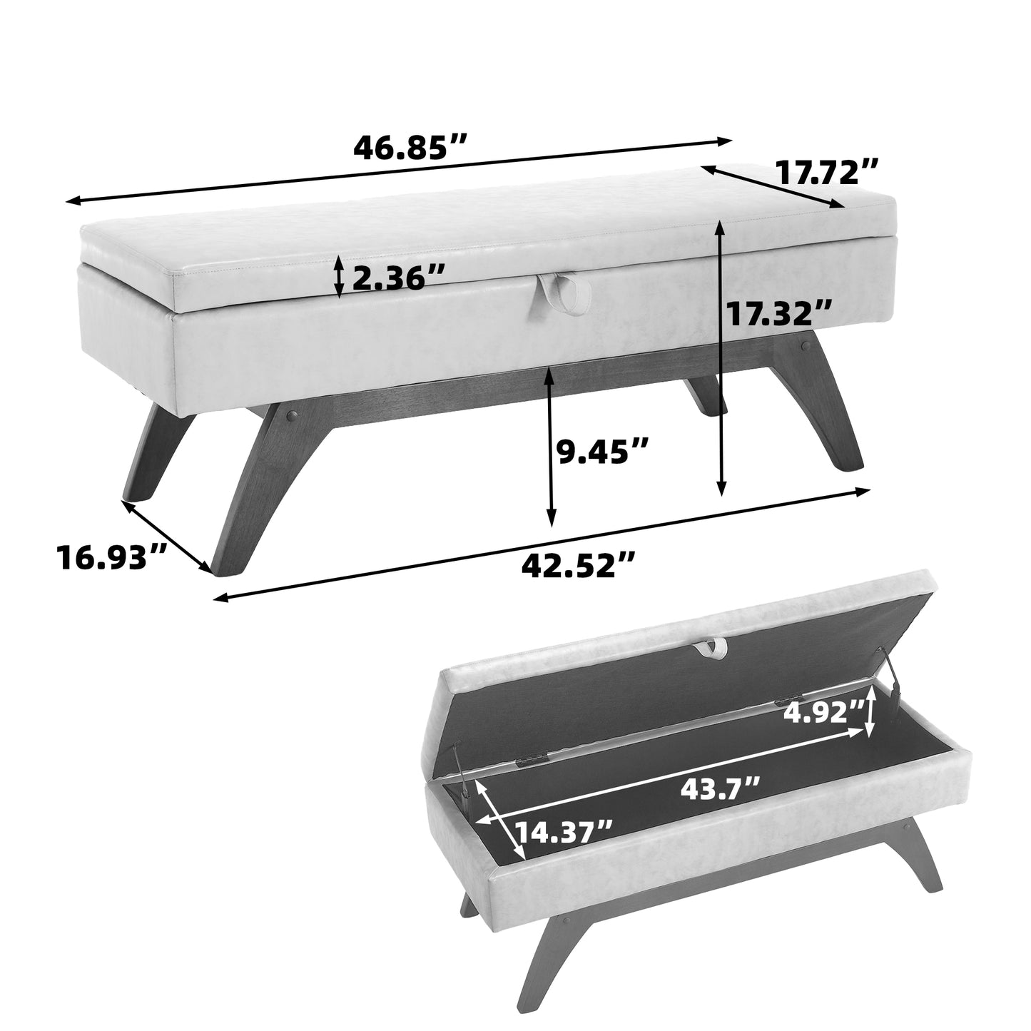 White storage ottoman with dark wood legs showing dimensions