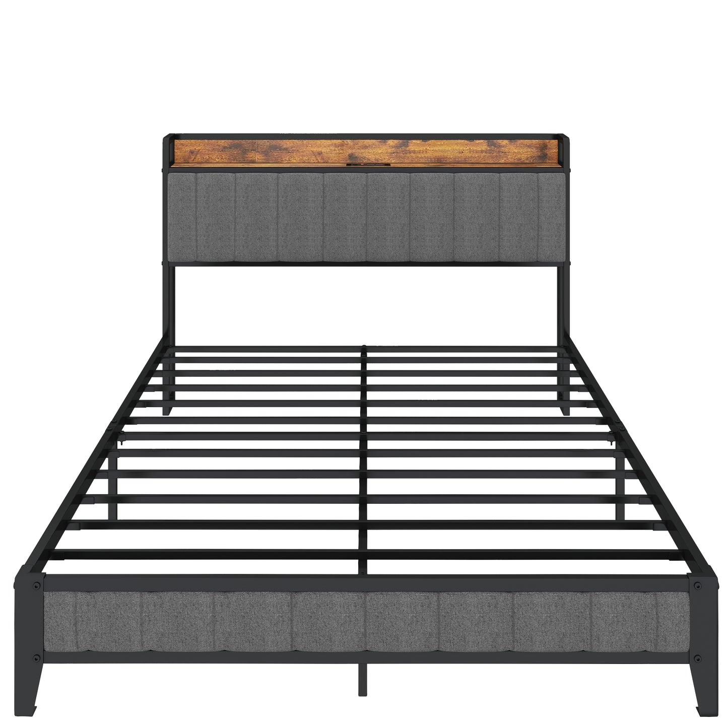 Grey upholstered metal platform bed frame with rustic wood headboard