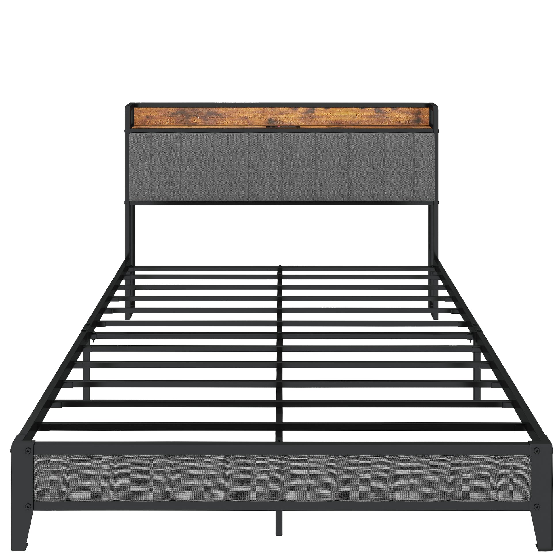 Grey upholstered metal platform bed frame with rustic wood headboard