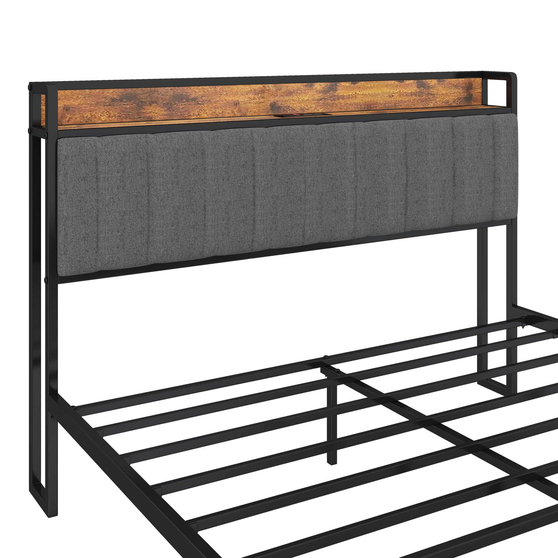 Industrial style upholstered bed frame with grey fabric headboard and wood accent