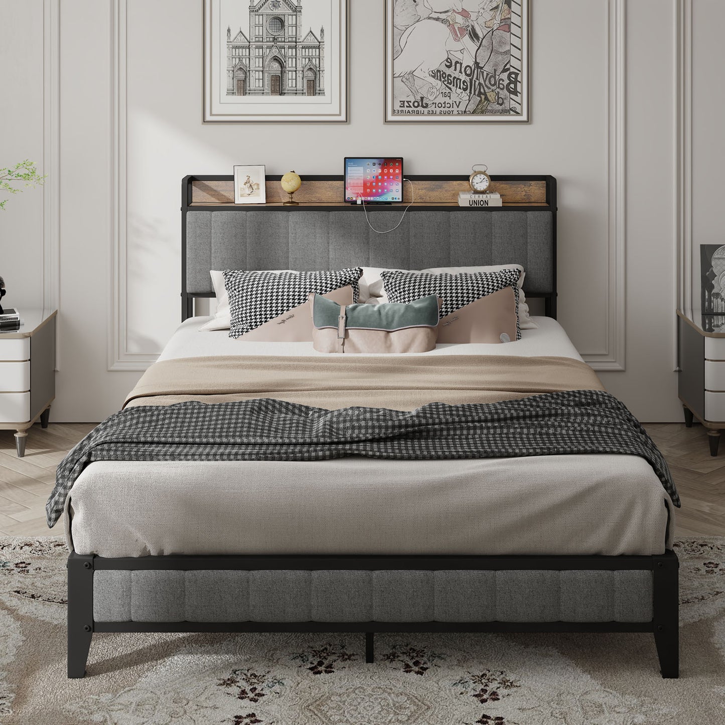 Grey upholstered platform bed with builtin wood headboard shelf