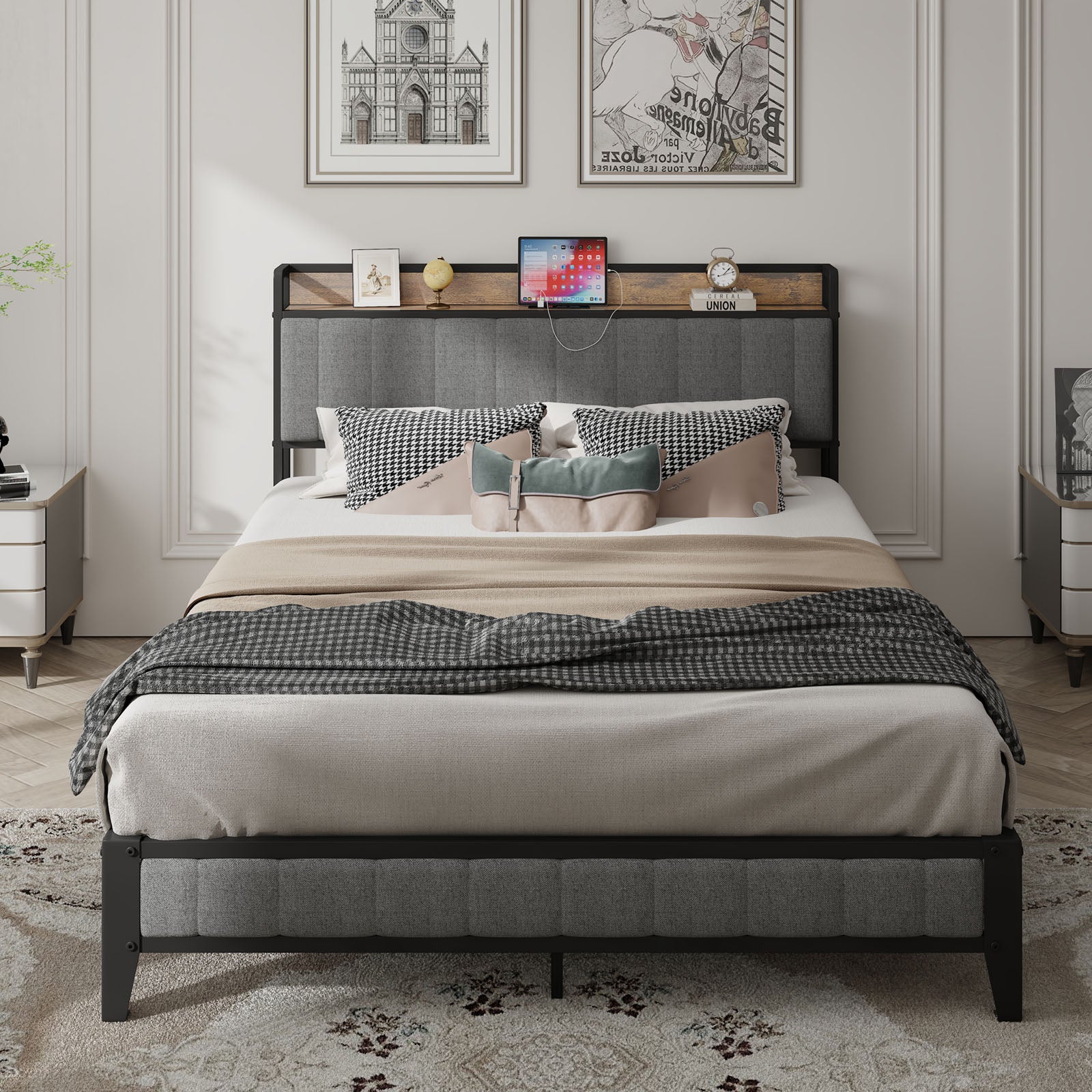 Grey upholstered platform bed with builtin wood headboard shelf