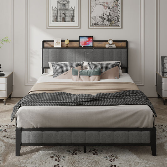 Grey upholstered platform bed with builtin wood headboard shelf