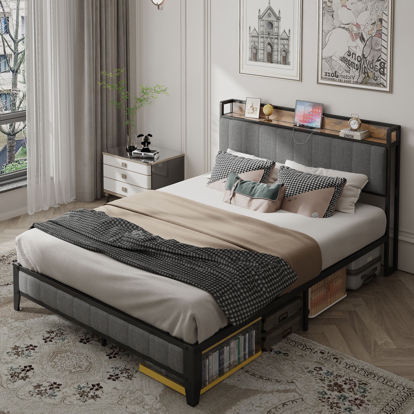 Gray upholstered bed frame with wooden headboard shelf and builtin charging