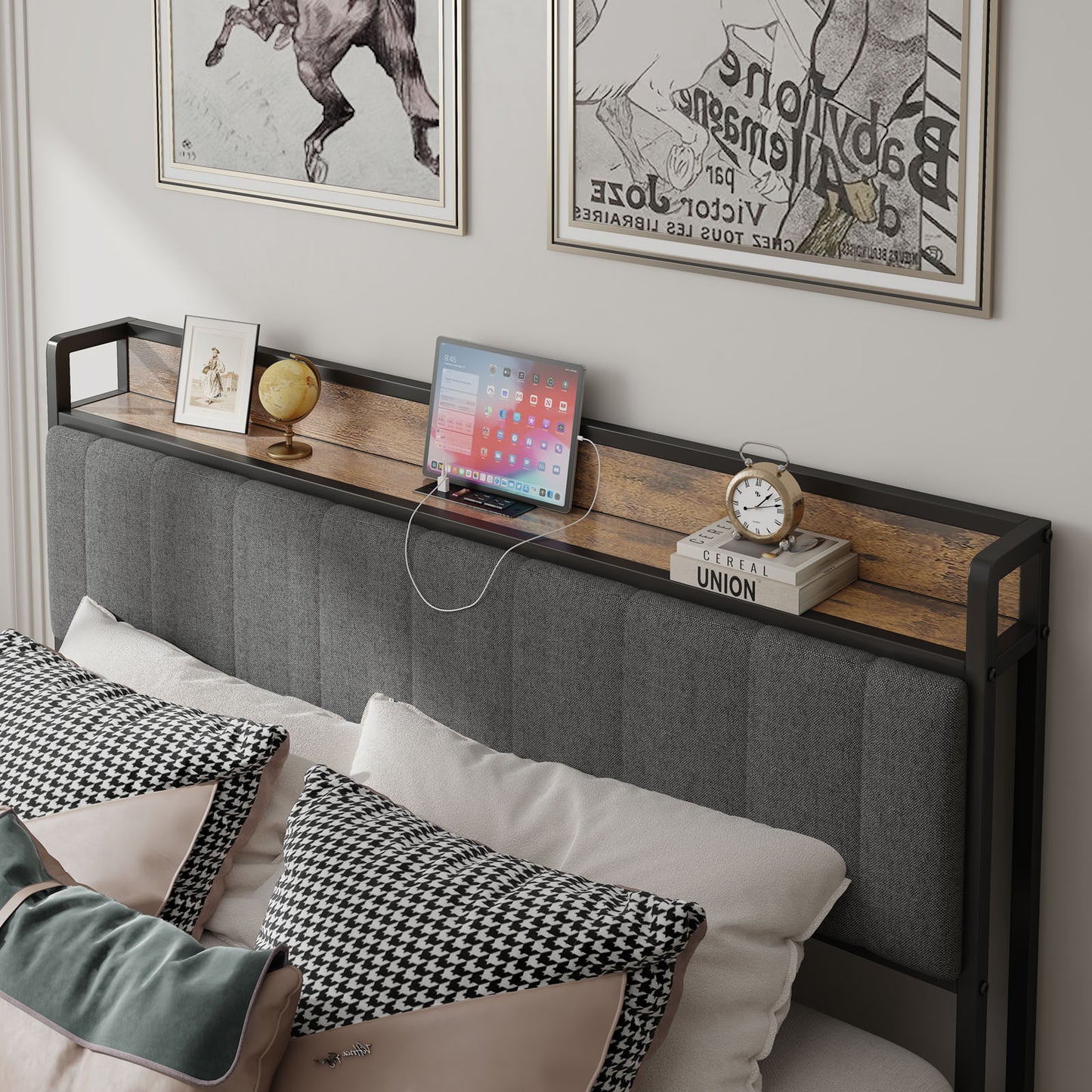 Grey upholstered headboard with integrated rustic wood shelf