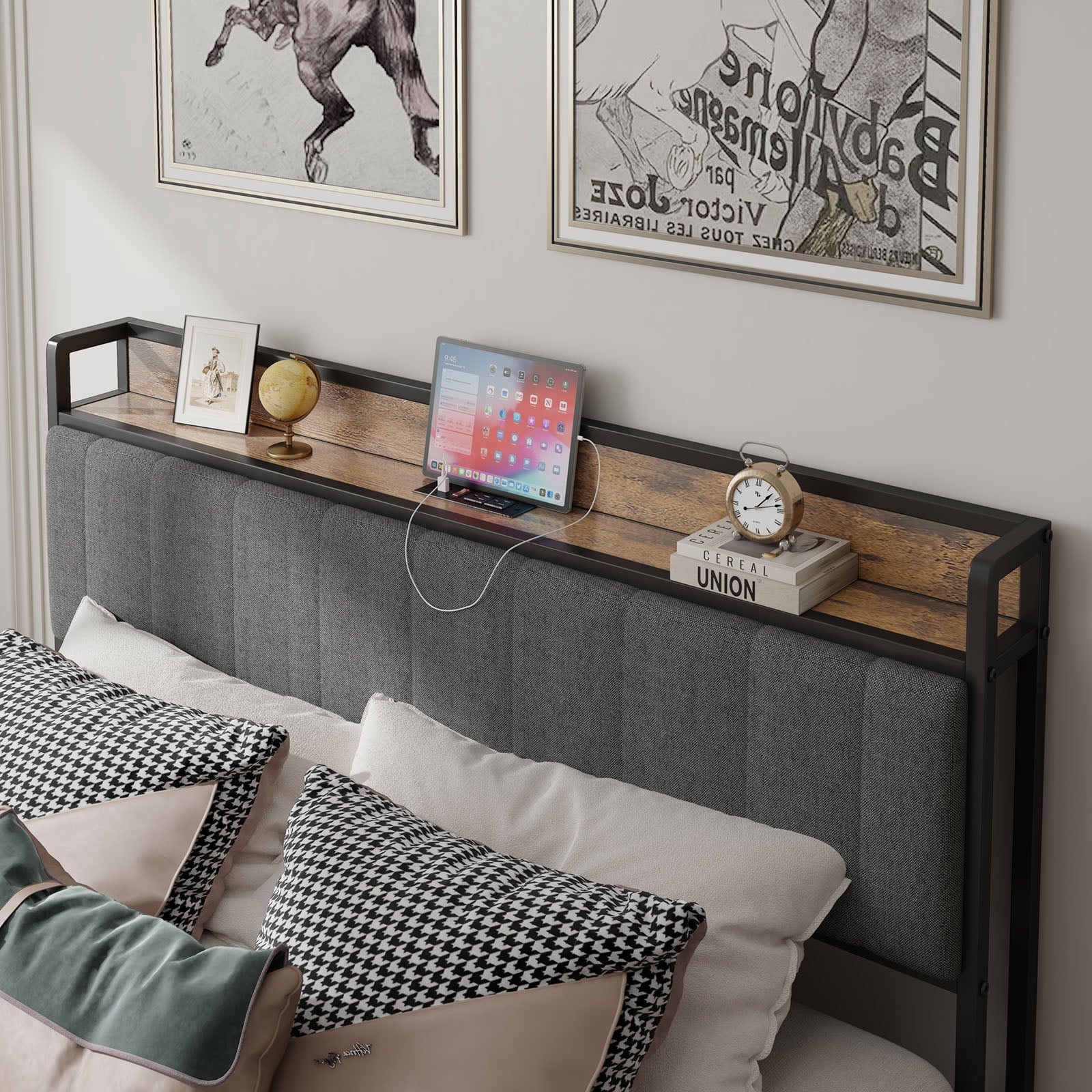 Grey upholstered headboard with integrated rustic wood shelf
