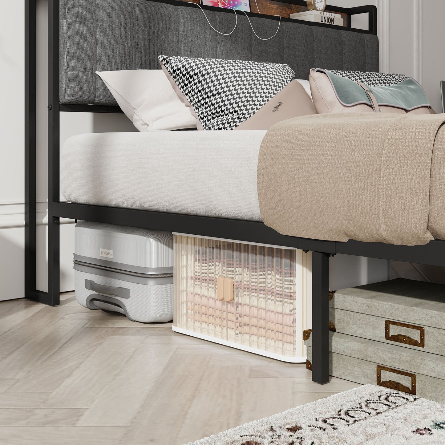 Modern upholstered grey headboard with integrated charging ports