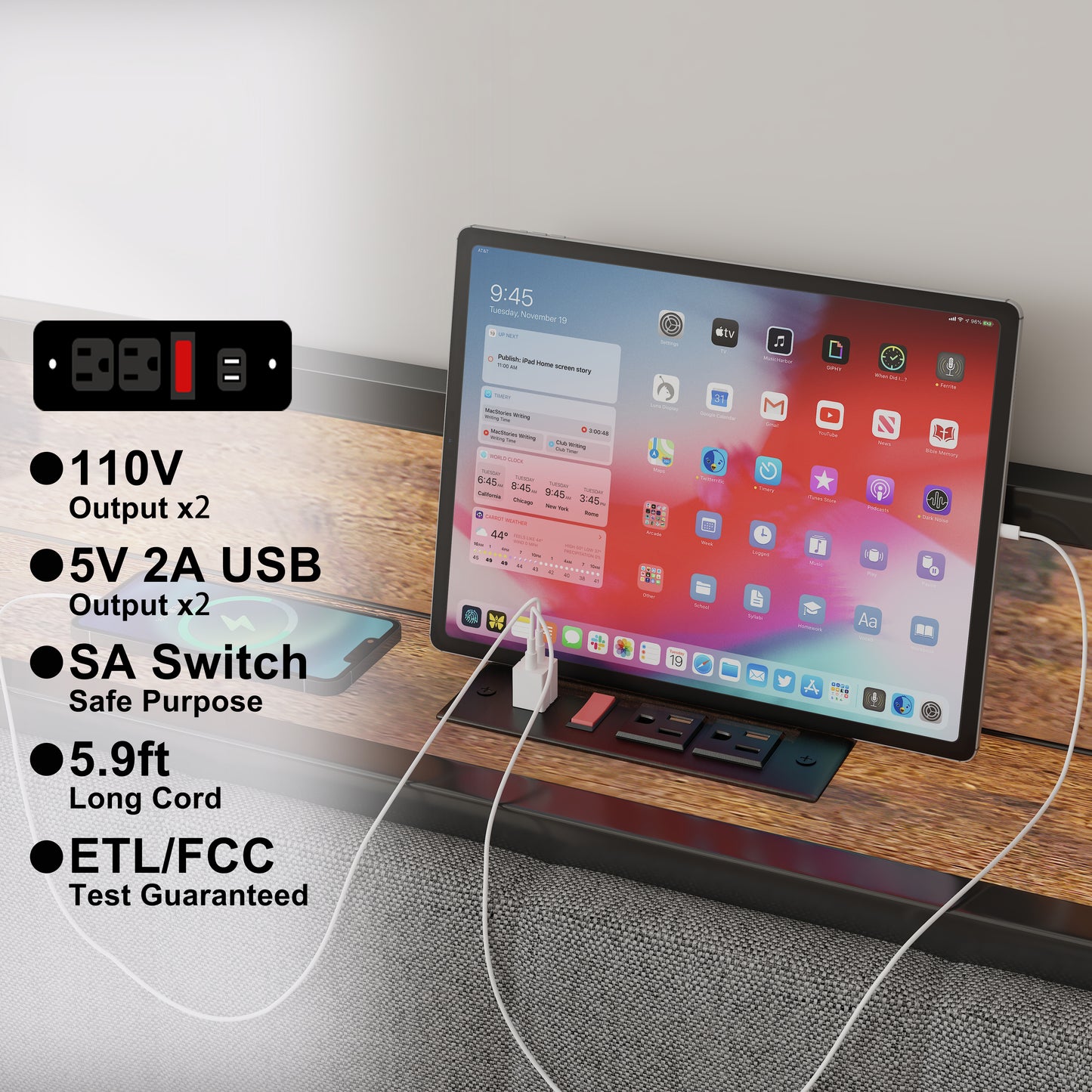 Black power strip with two V outlets and two USB ports ideal for charging devices