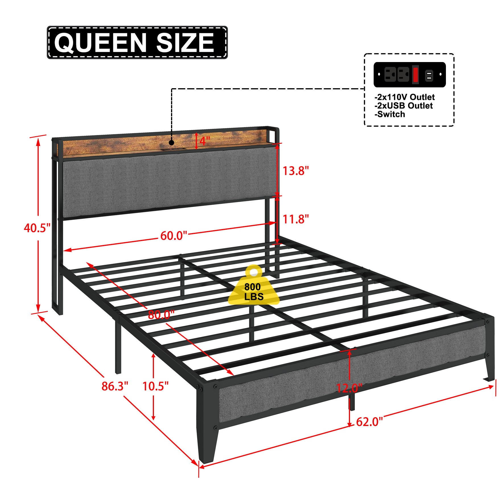 Queen size bed frame with upholstered headboard and builtin power outlet