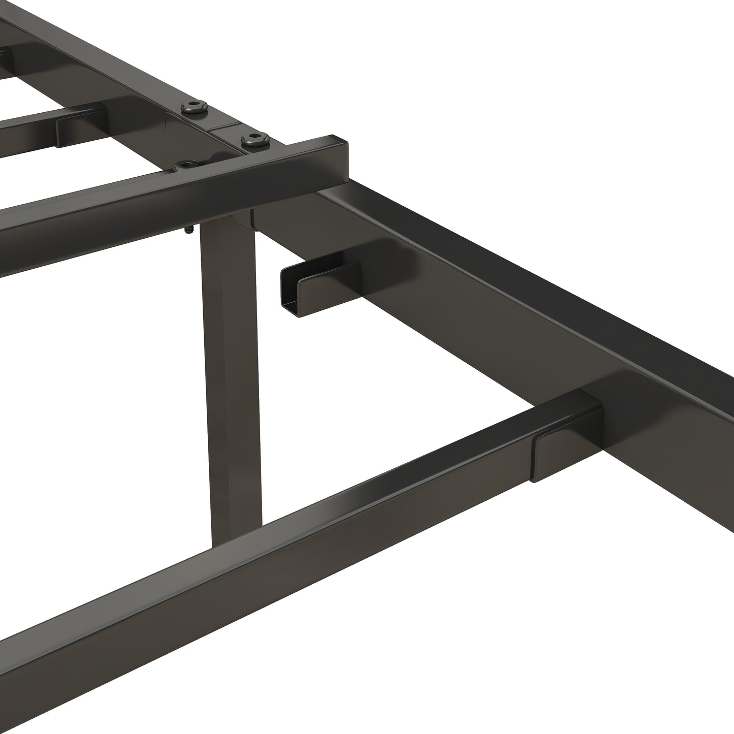 Black metal bed frame construction with visible screws and support beams
