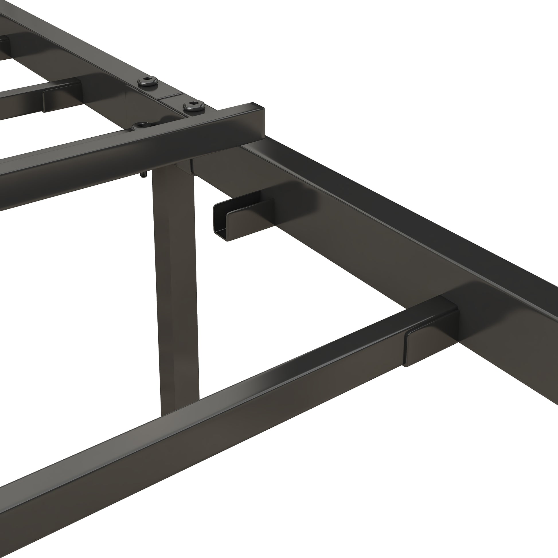 Black metal bed frame construction with visible screws and support beams