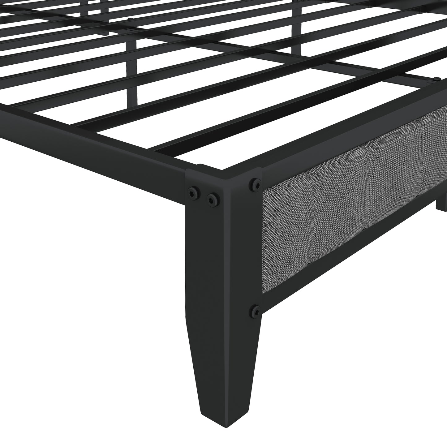 Black metal bed frame with gray upholstered side panel