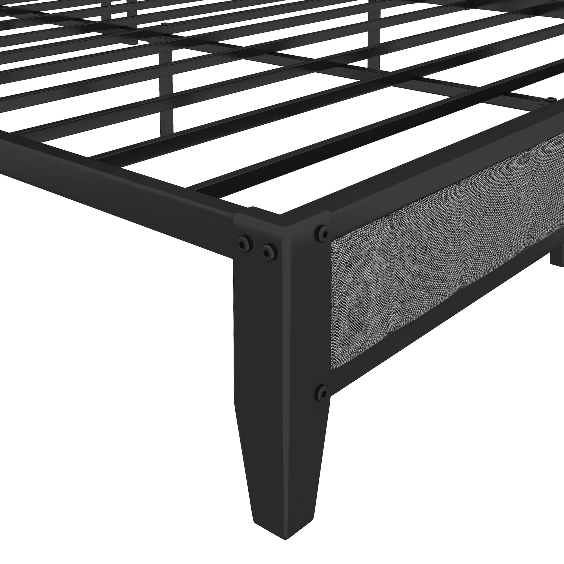 Black metal bed frame with gray upholstered side panel