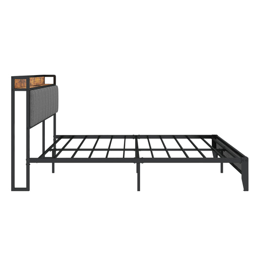 Industrial style bed frame with upholstered headboard and wood accent