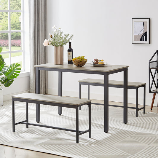 Rustic oak and metal dining table set with two benches