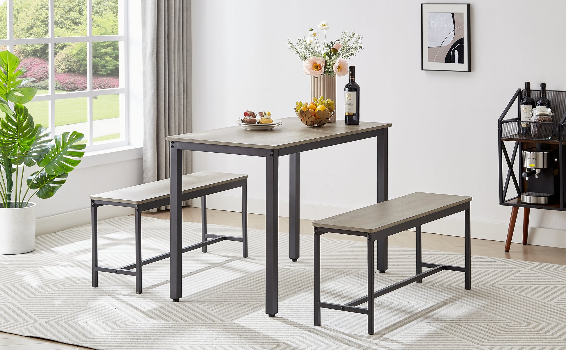 Modern grey wood dining table with two benches and metal legs