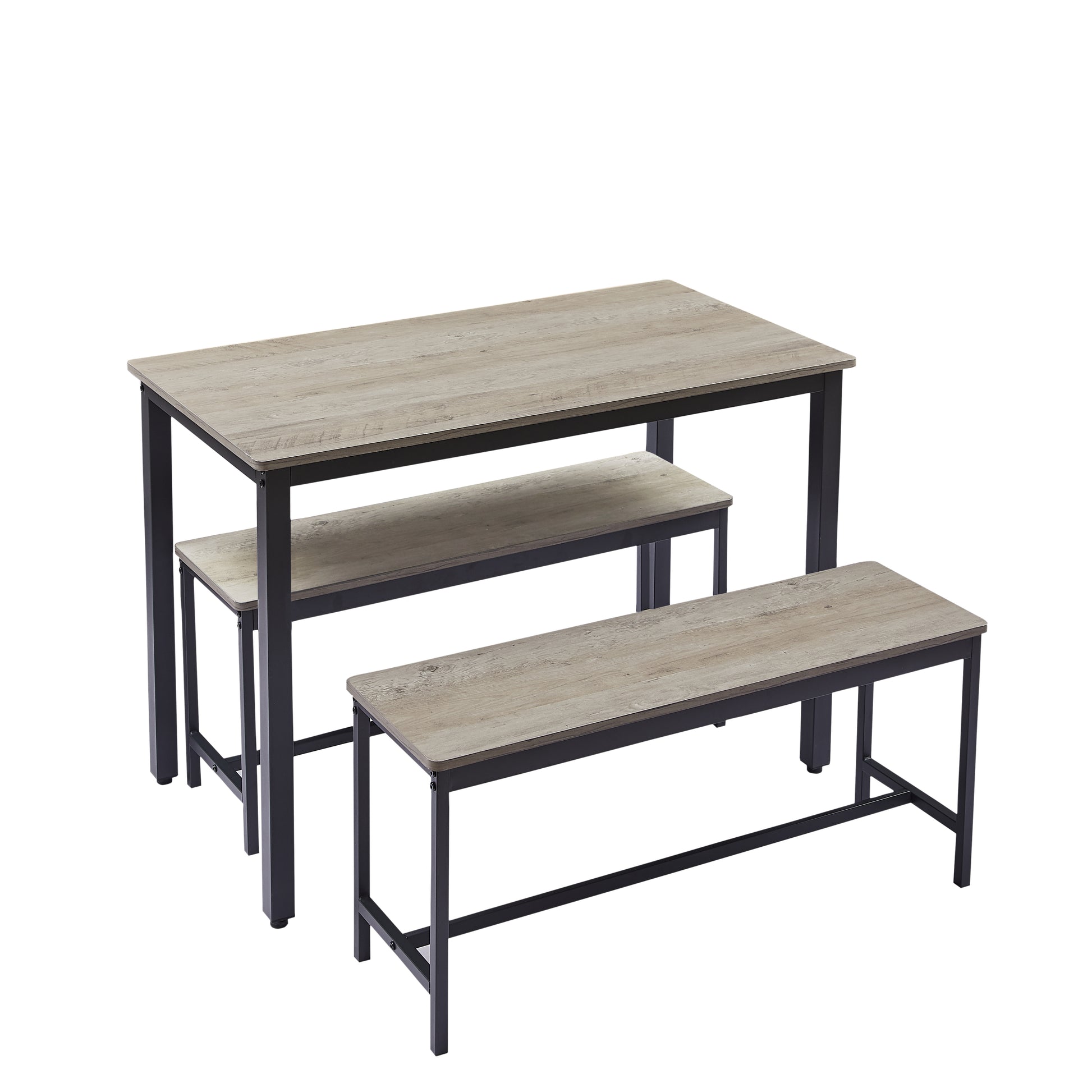 Rustic wood grain dining set with two black metal frame benches