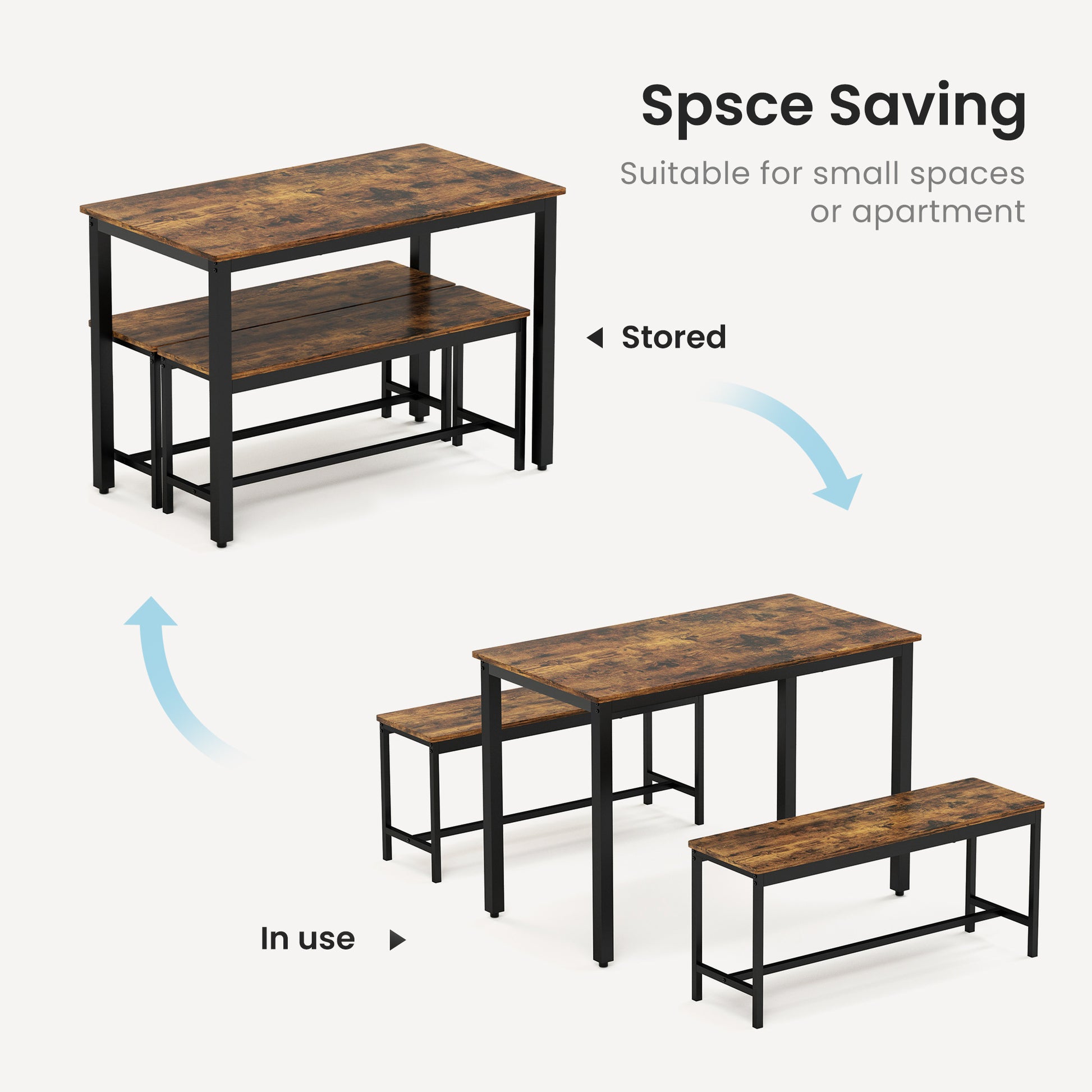 Compact dining set with rustic wood finish table and two benches