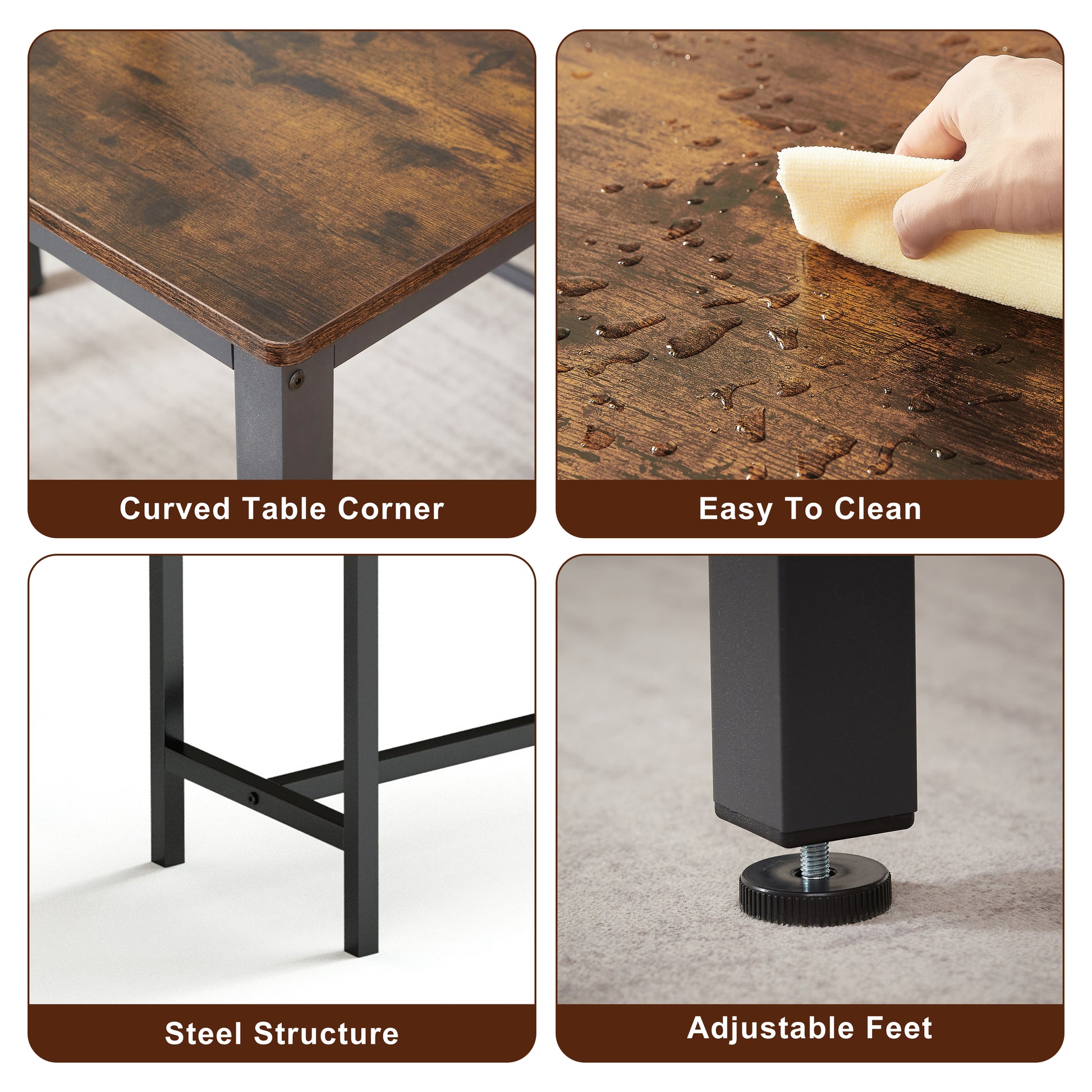 Rustic wood grain side table with a rounded corner and black steel frame