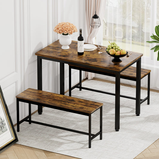 Rustic wood dining table with two benches