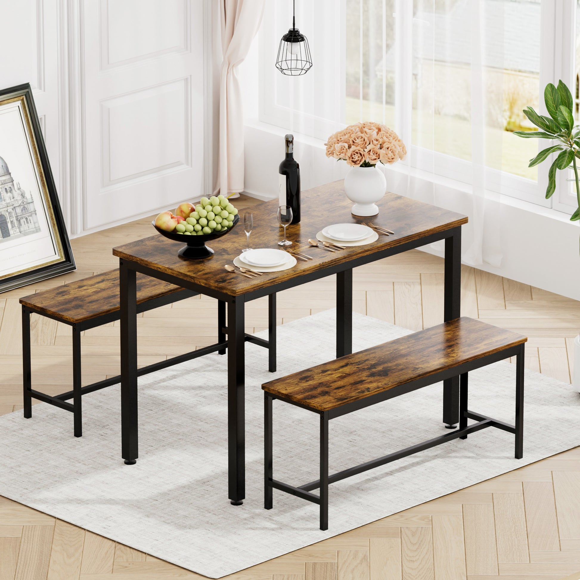 Rustic wood dining table and two benches set with black metal legs