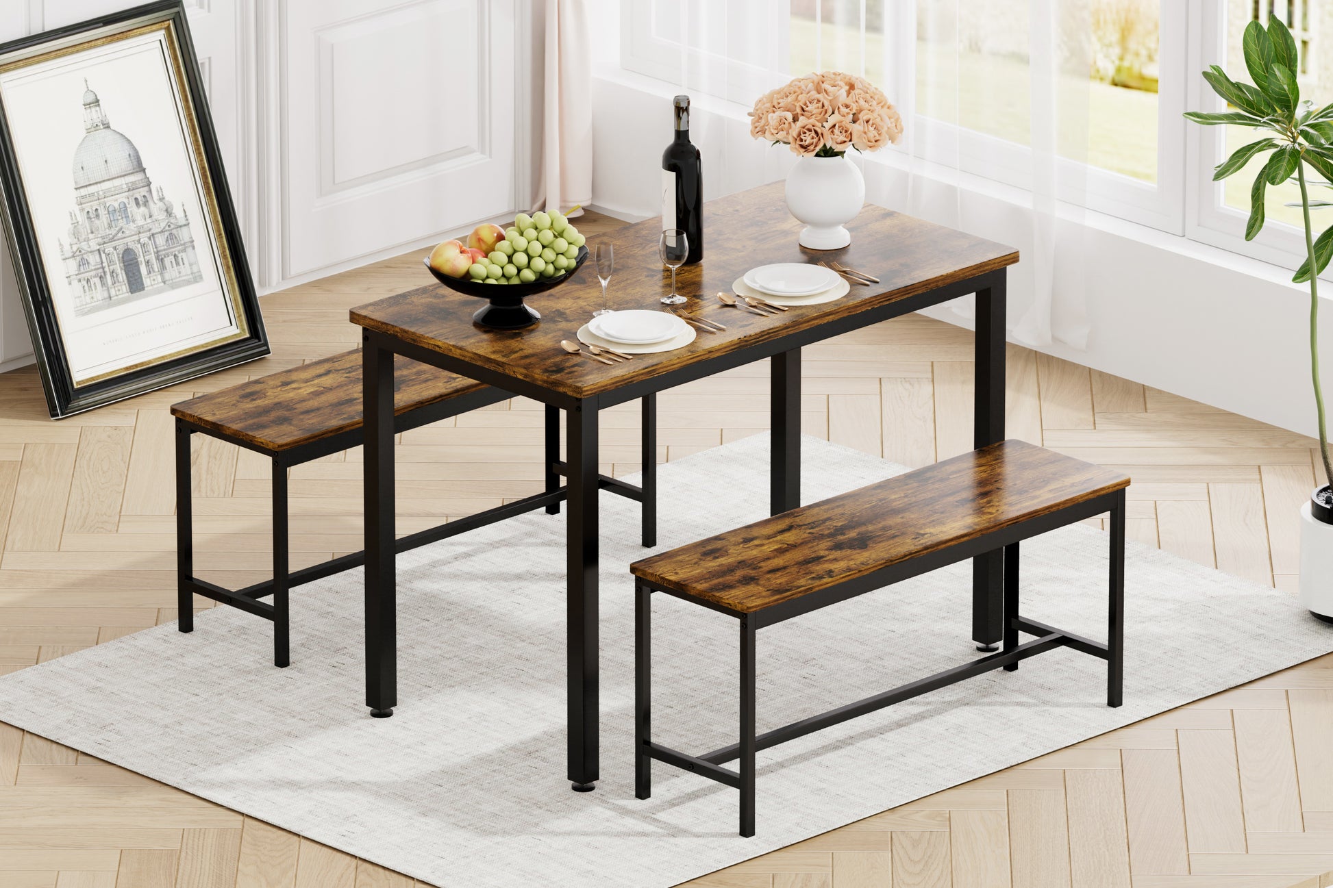 Rustic wood dining table with metal legs and two benches