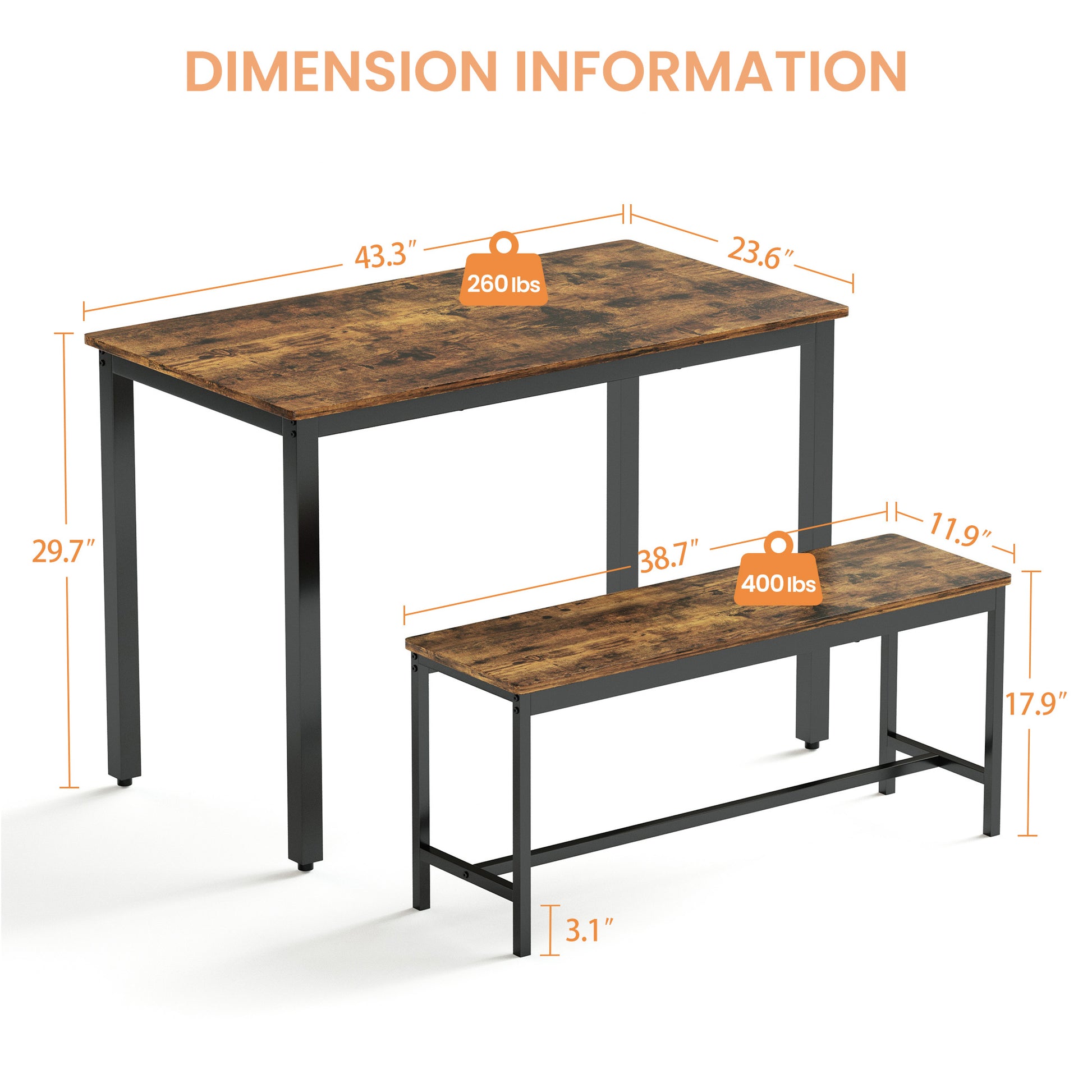 Rustic dining table and bench set with black metal frame