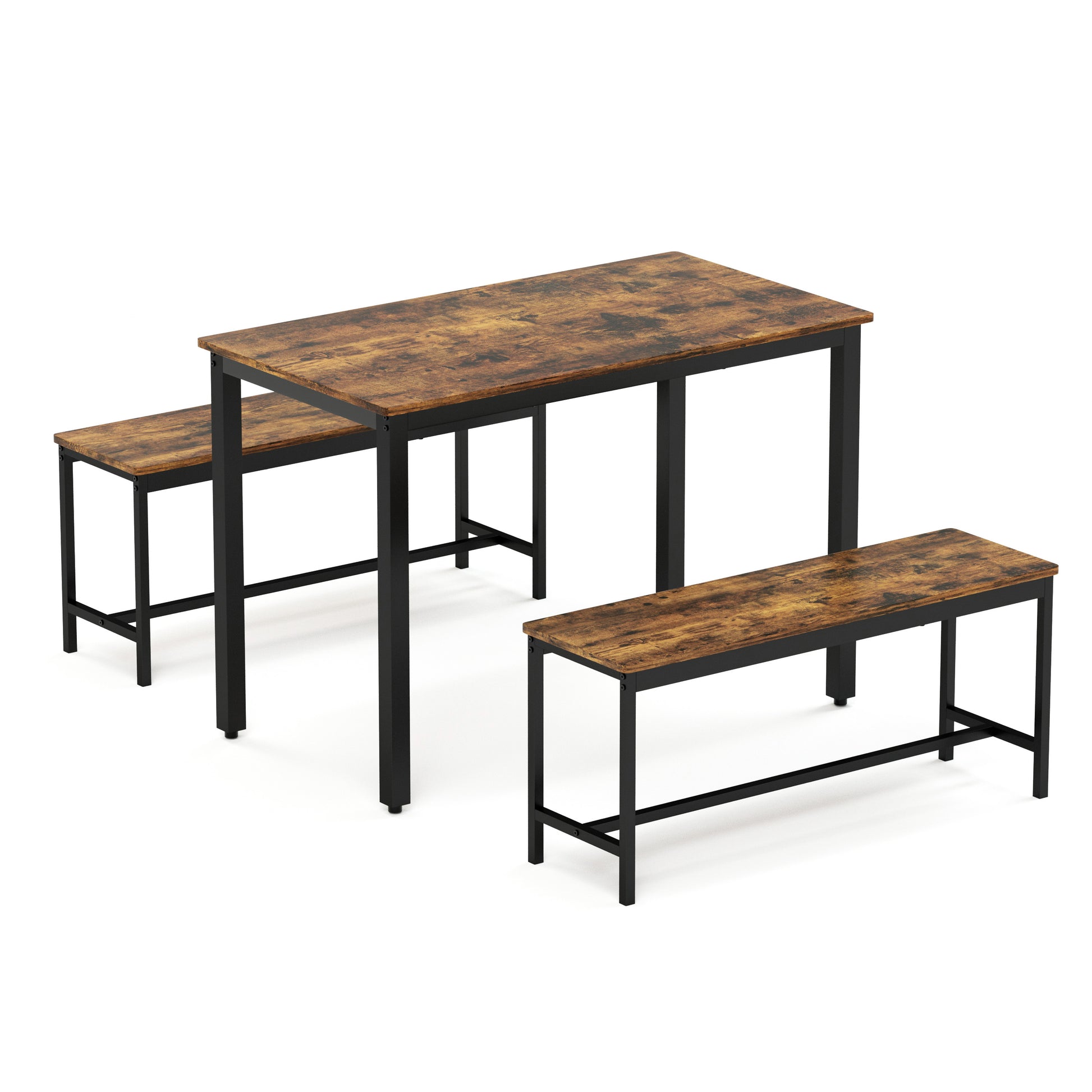 Rustic brown dining table with two black metal frame benches