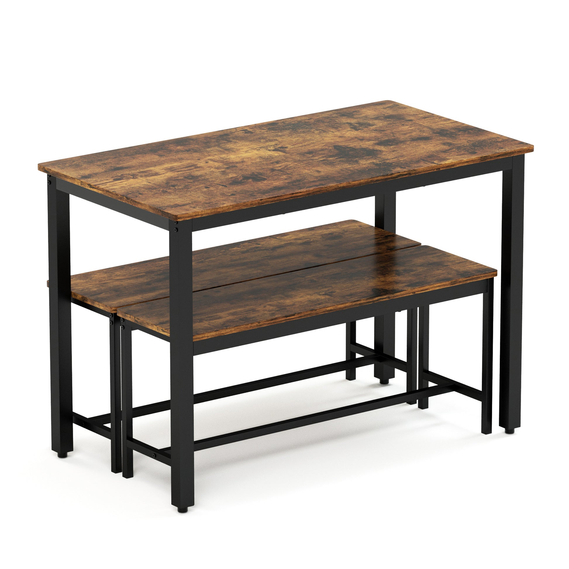 Rustic wood dining table with two benches