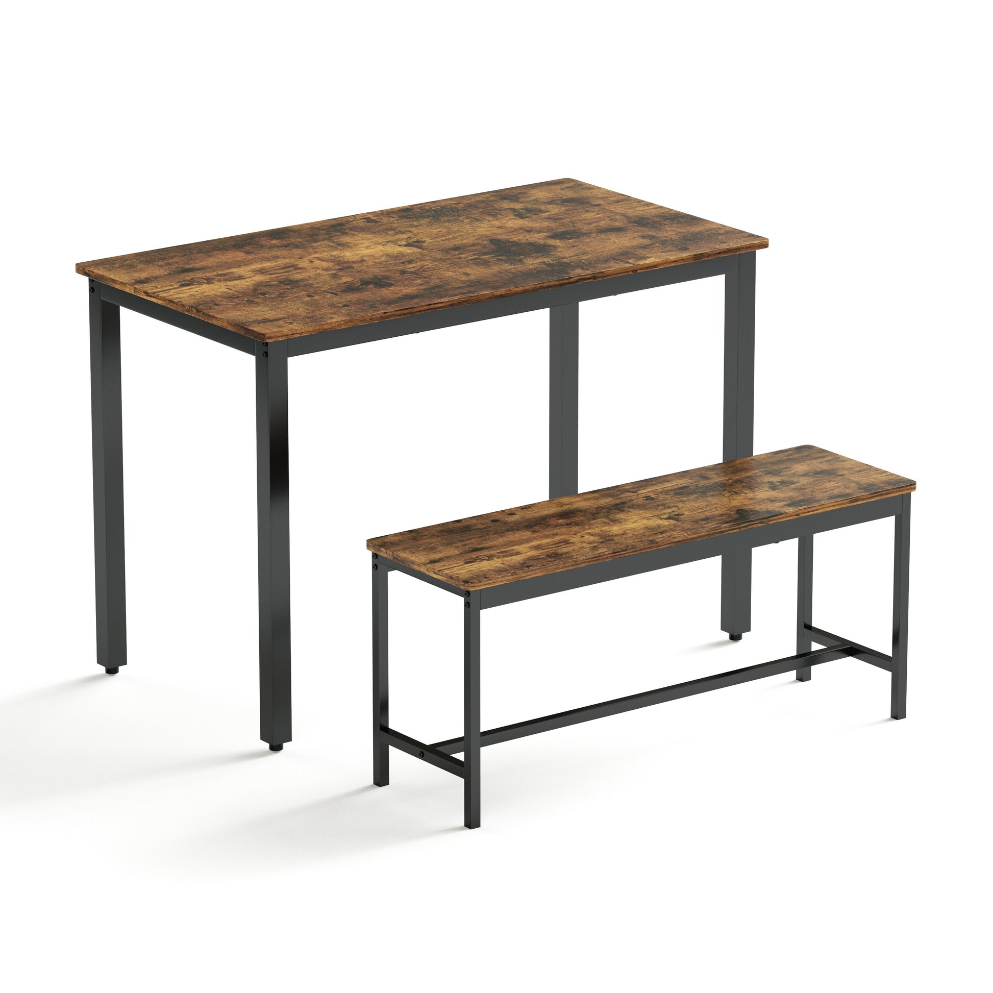 Rustic brown wood grain dining table with black metal frame