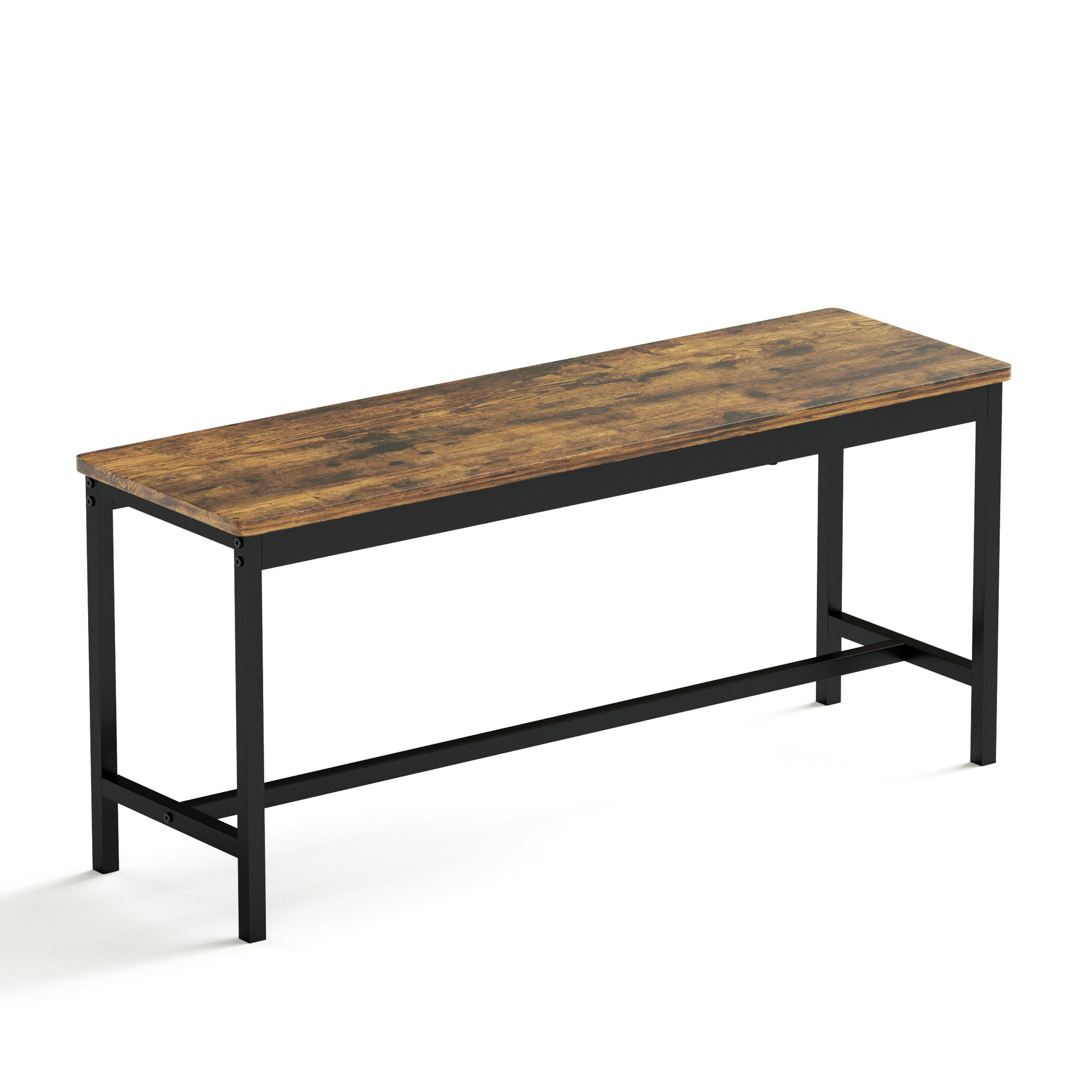 Rustic brown wood top bar bench with black metal frame
