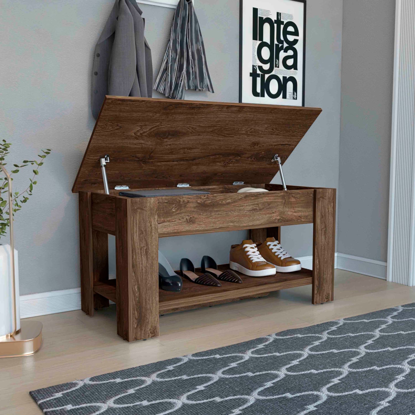 Dark wood hall tree bench with lifttop storage and shoe rack