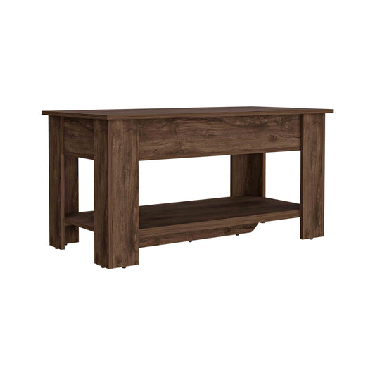 Dark walnut lifttop coffee table with a hidden storage compartment and open shelf