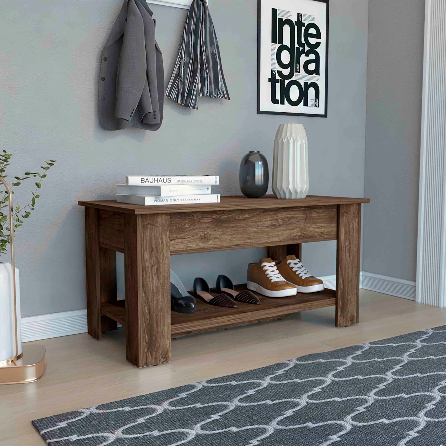 Walnutfinish entryway bench with two shelves storing shoes