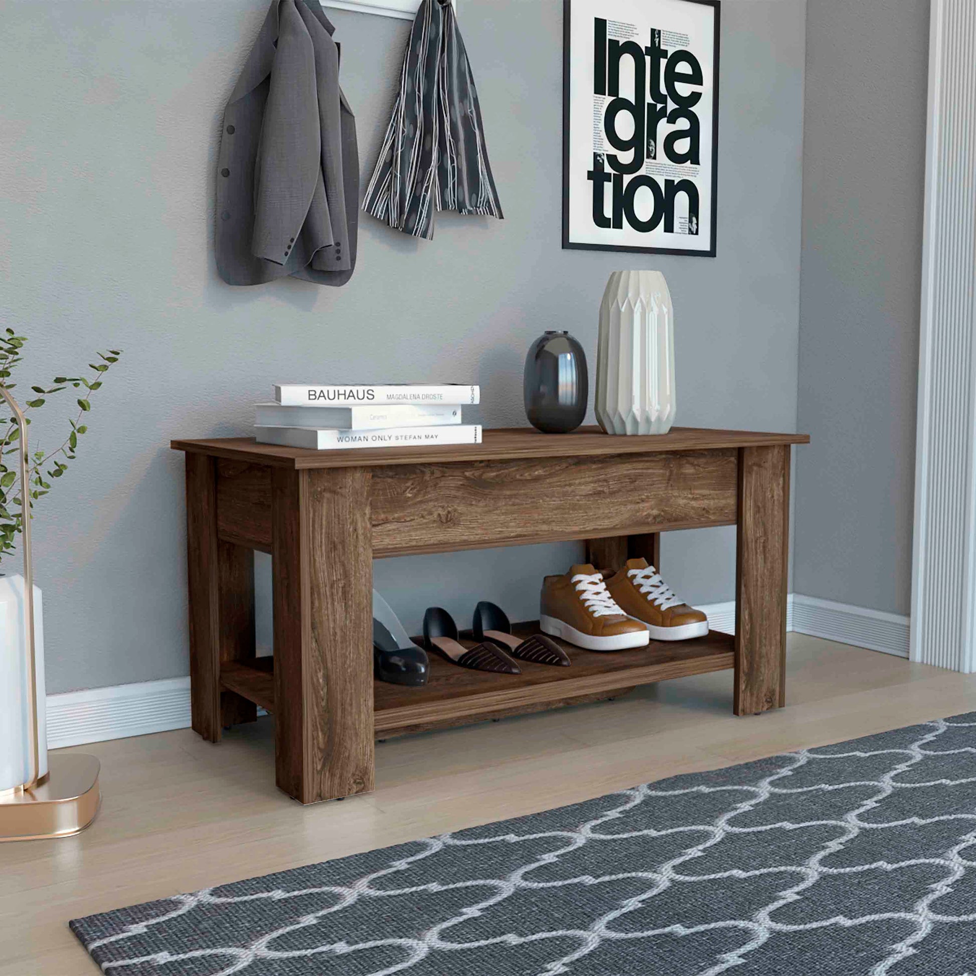 Walnutfinish entryway bench with two shelves storing shoes