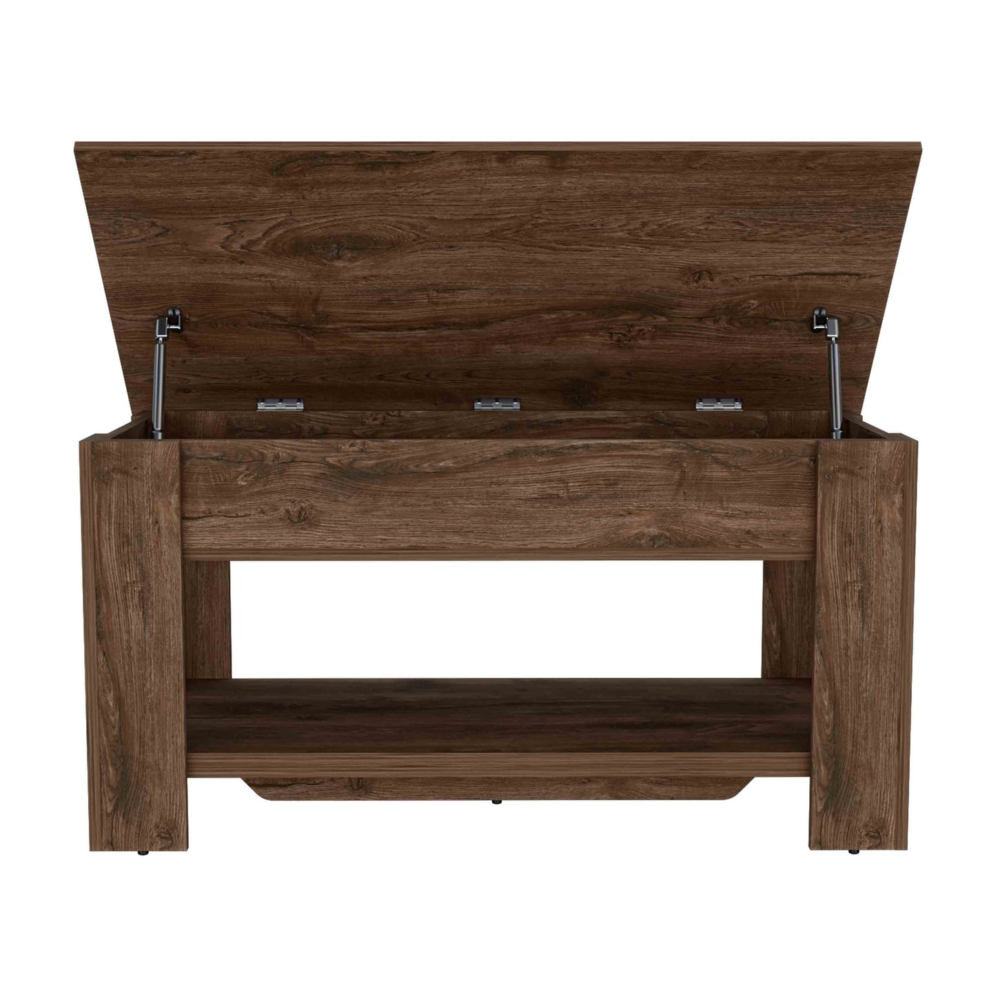Dark oak lift top coffee table with hidden storage and open lower shelf