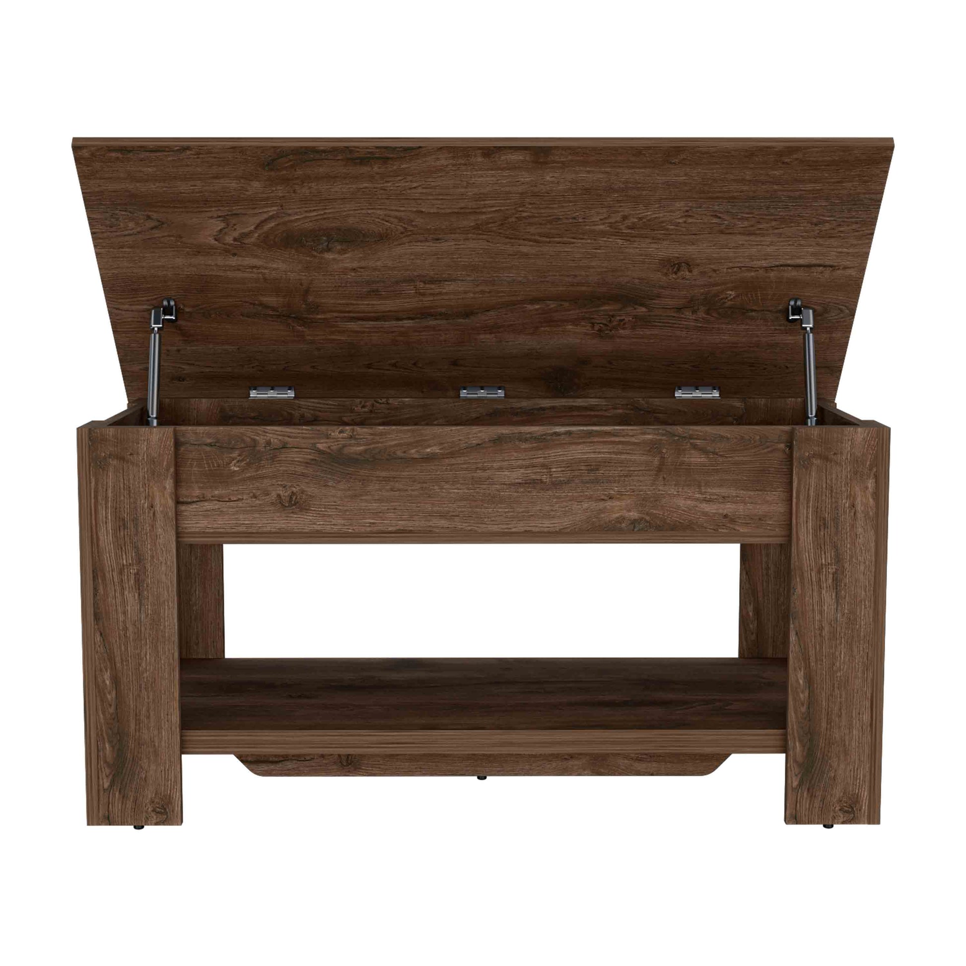 Dark oak lift top coffee table with hidden storage and open lower shelf