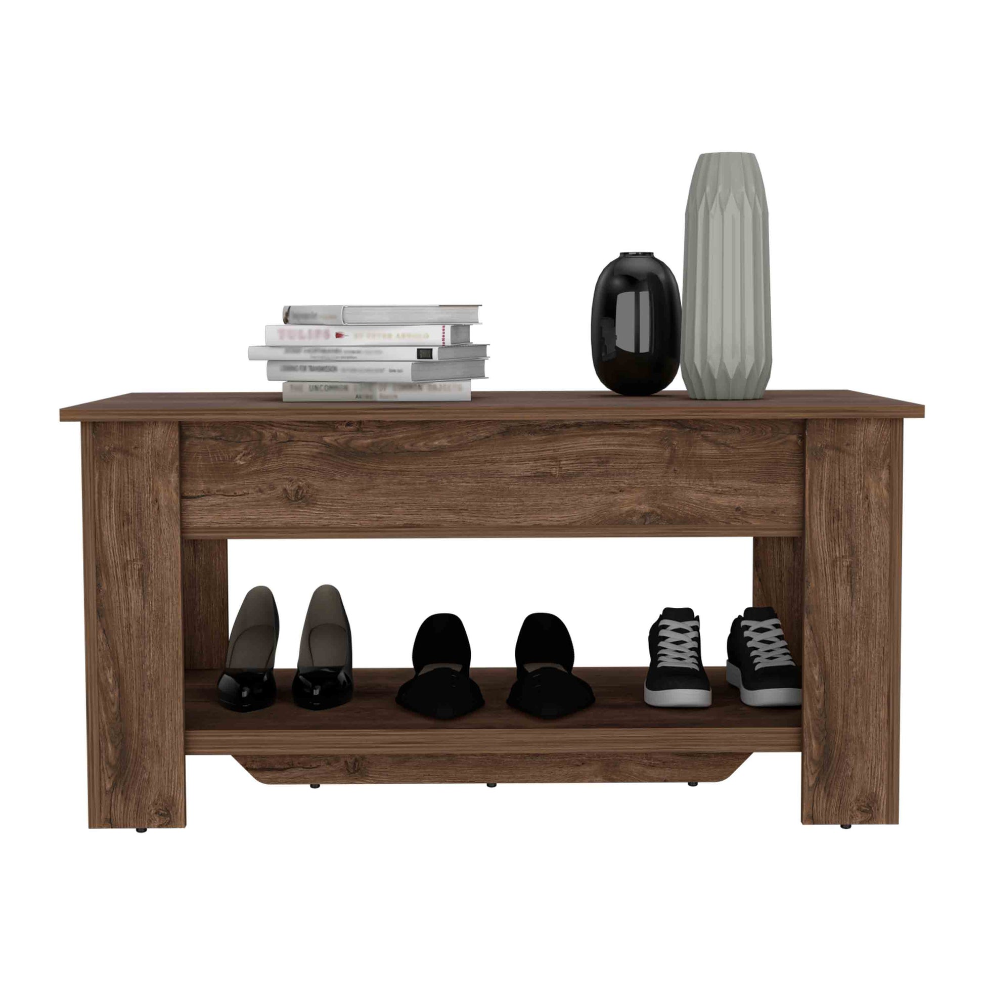 Rustic wood entryway bench with open shoe storage