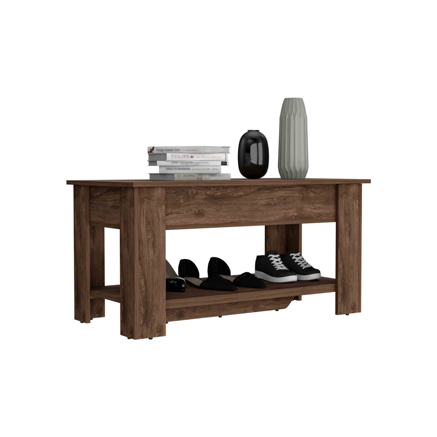 Rustic brown wood entryway bench with open shelf for shoe storage