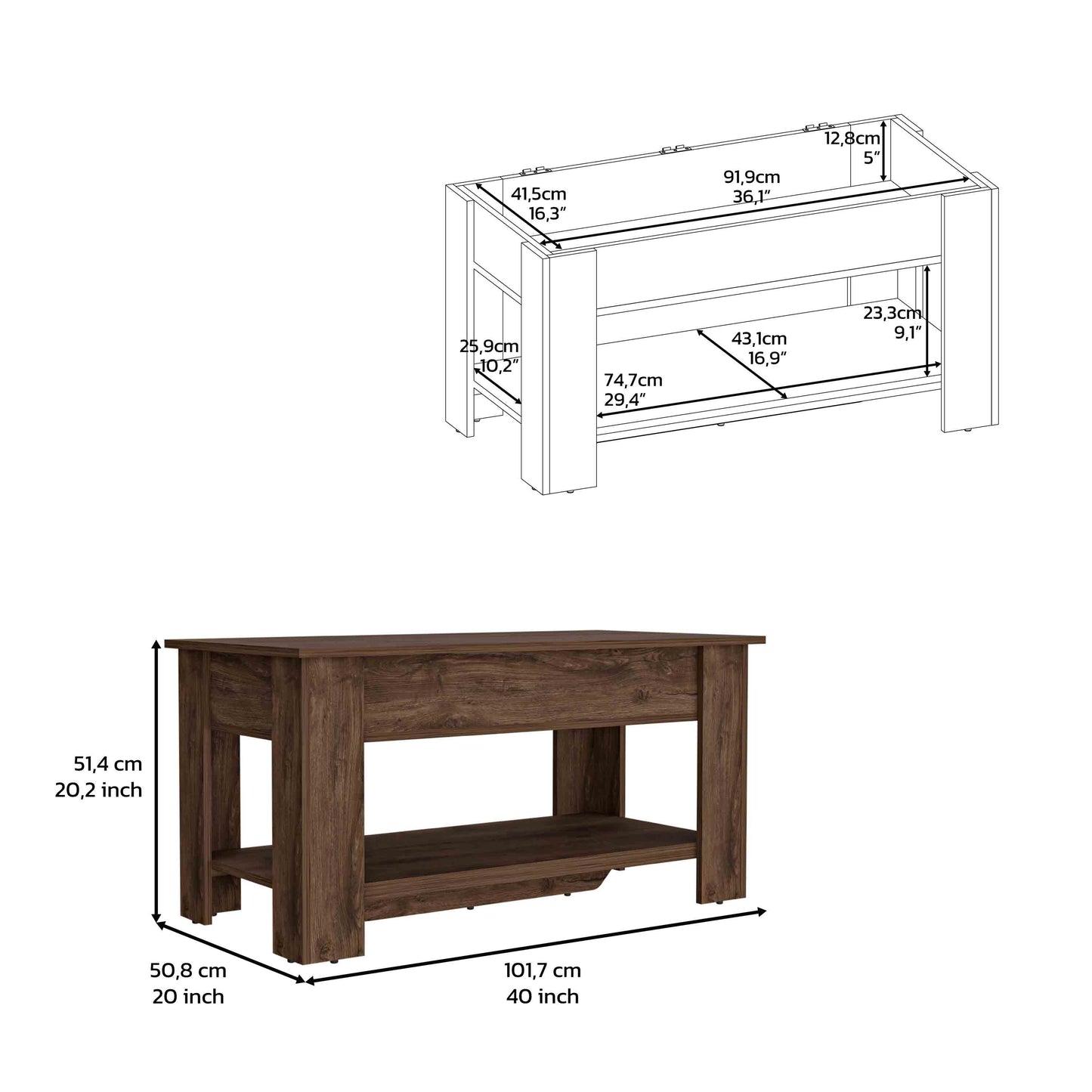 Brown wooden lifttop coffee table with open shelf