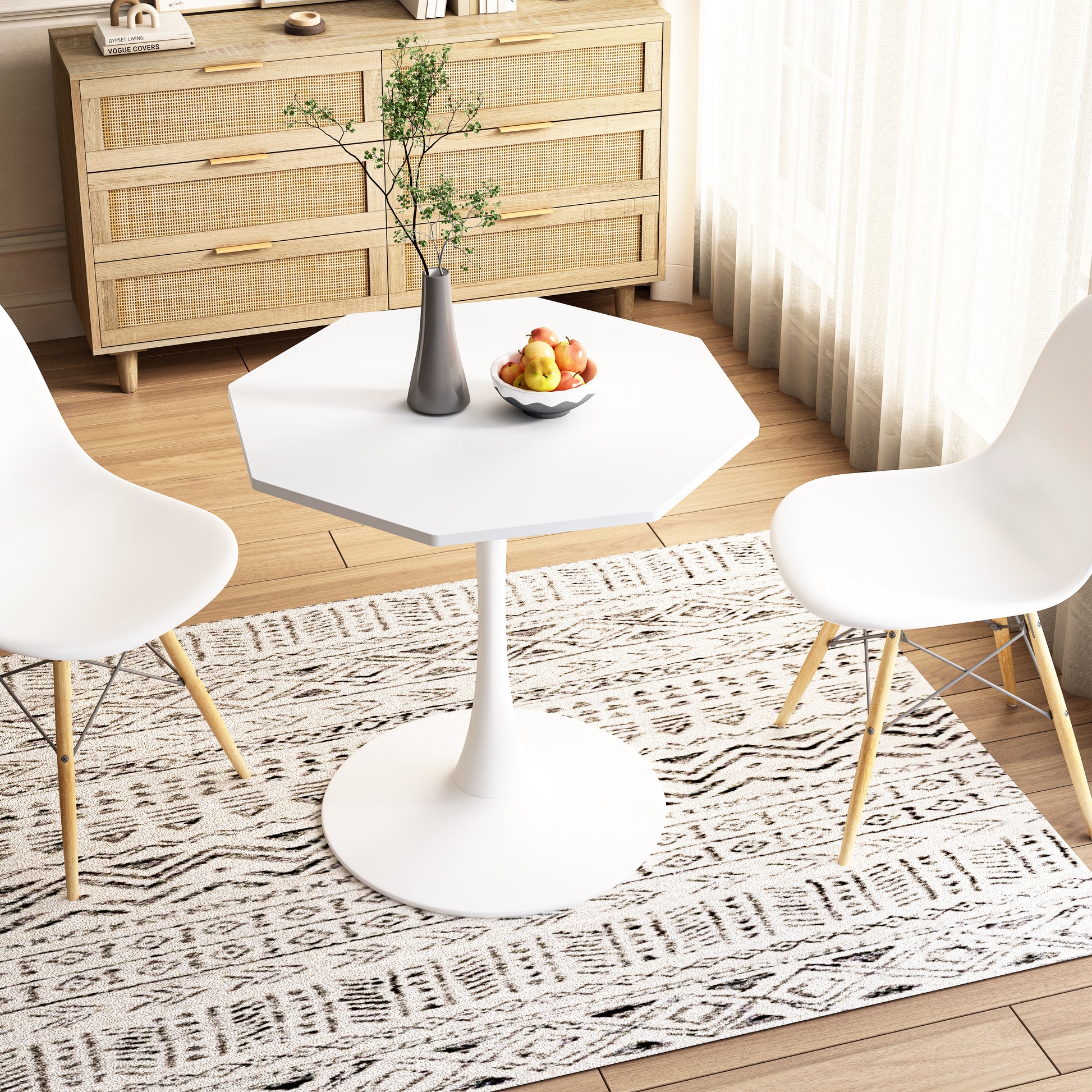White octagon dining table with pedestal base