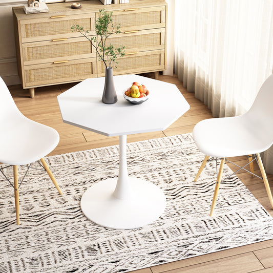 White octagon dining table with pedestal base