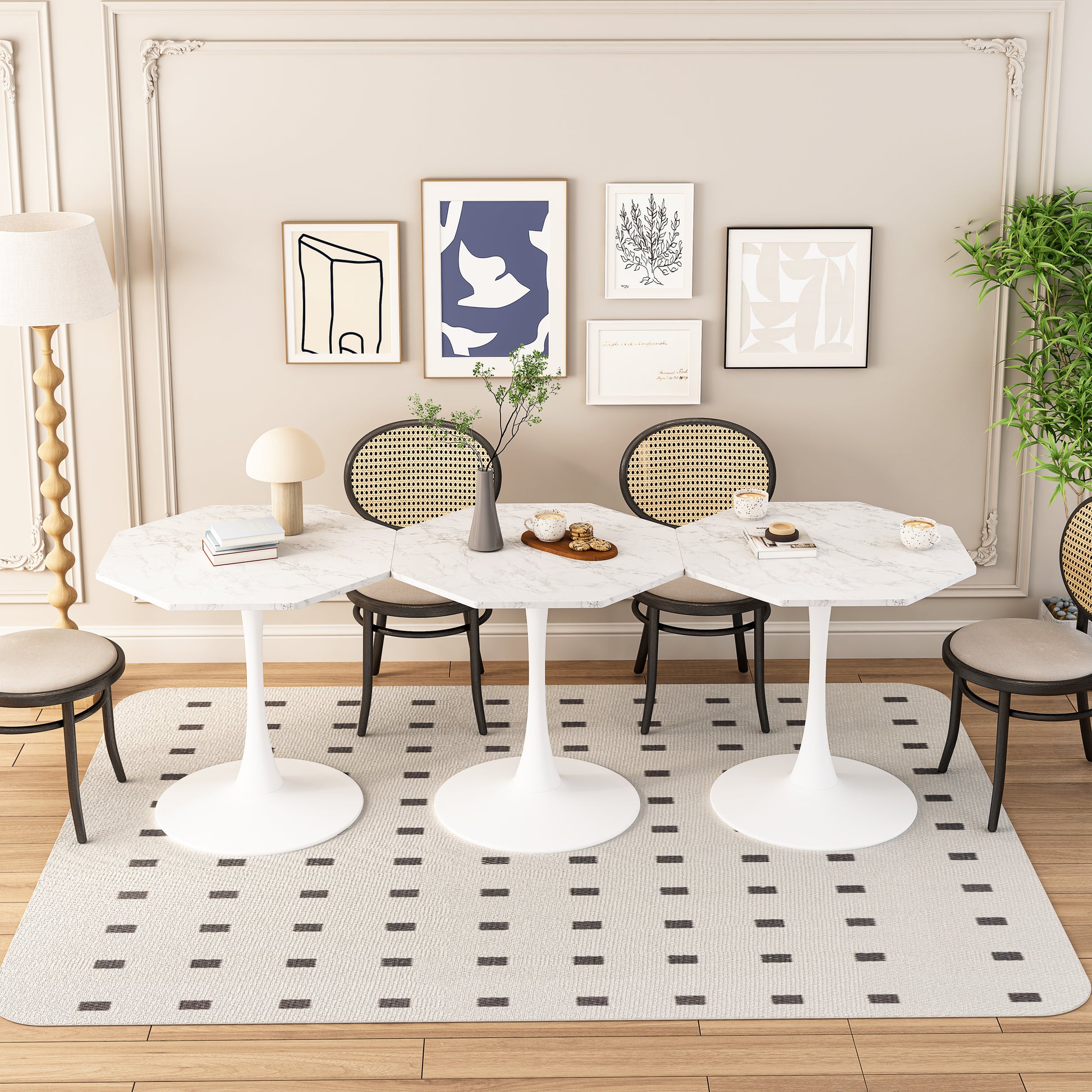 White marble octagonal tulip dining table with cane back chairs