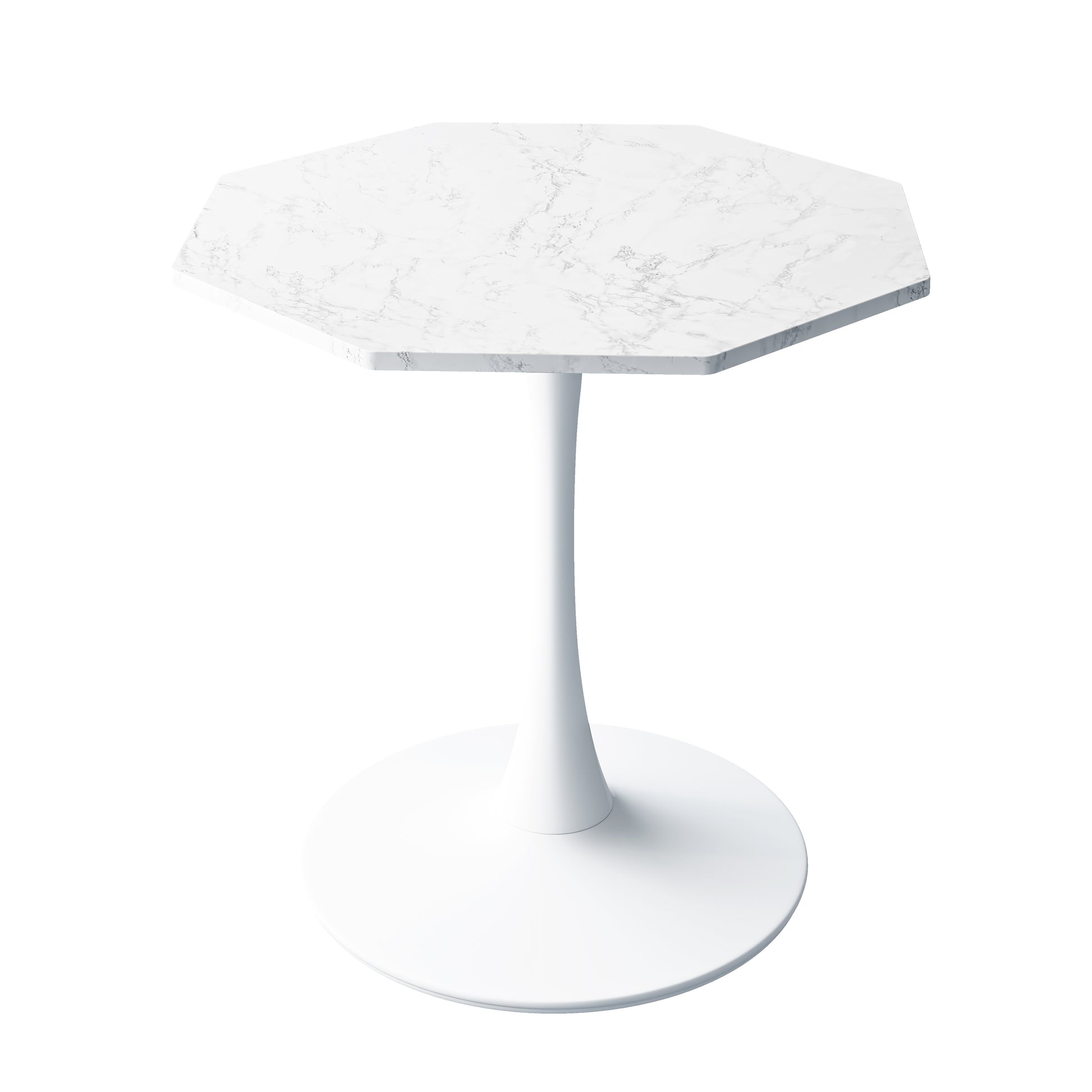 White marble top hexagonal dining table with white pedestal base