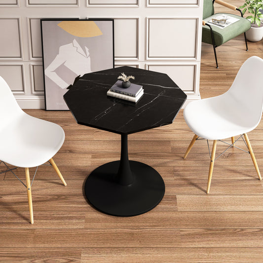 Black marble octagon coffee table with pedestal base and white chairs
