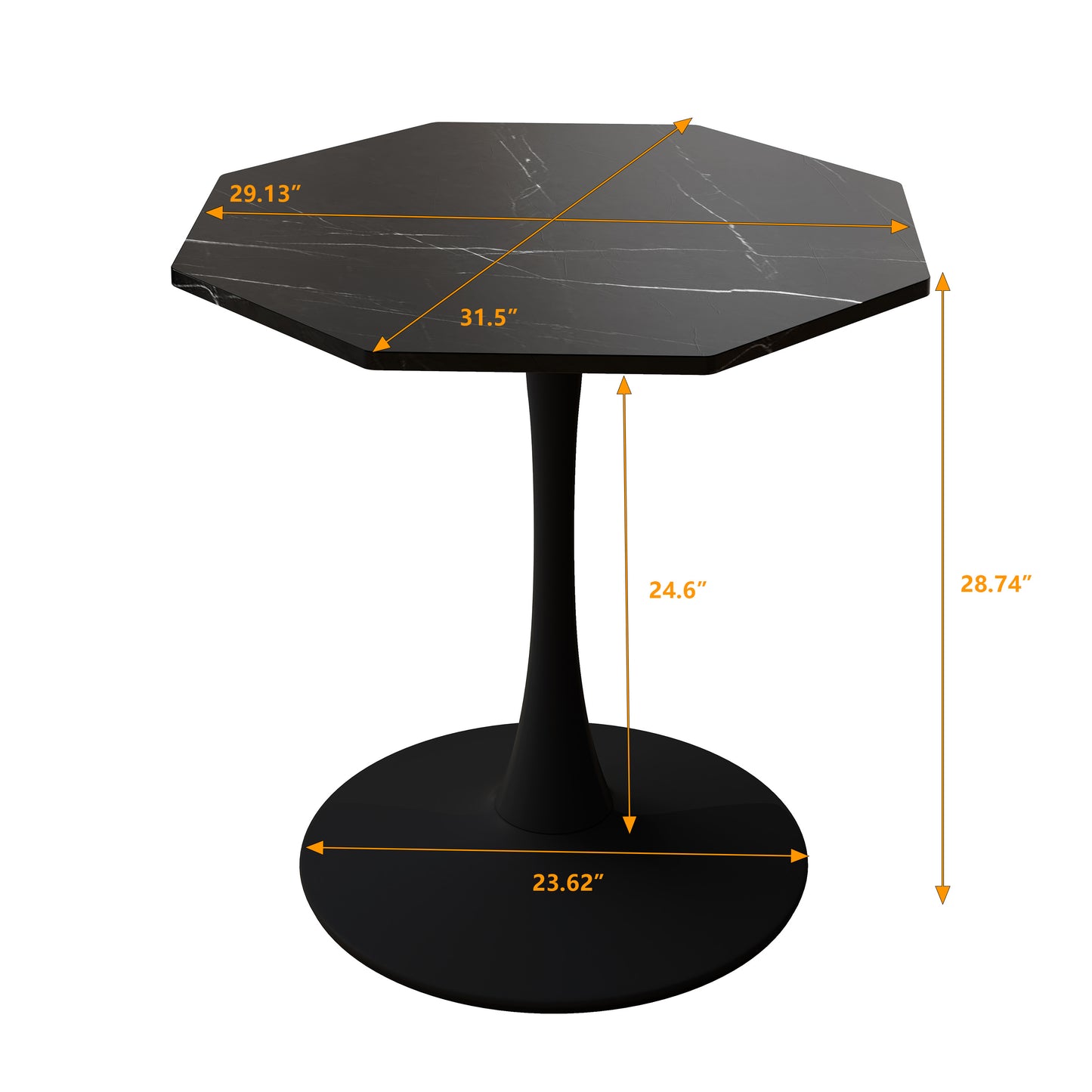 Black marble top octagonal dining table with a sleek pedestal base