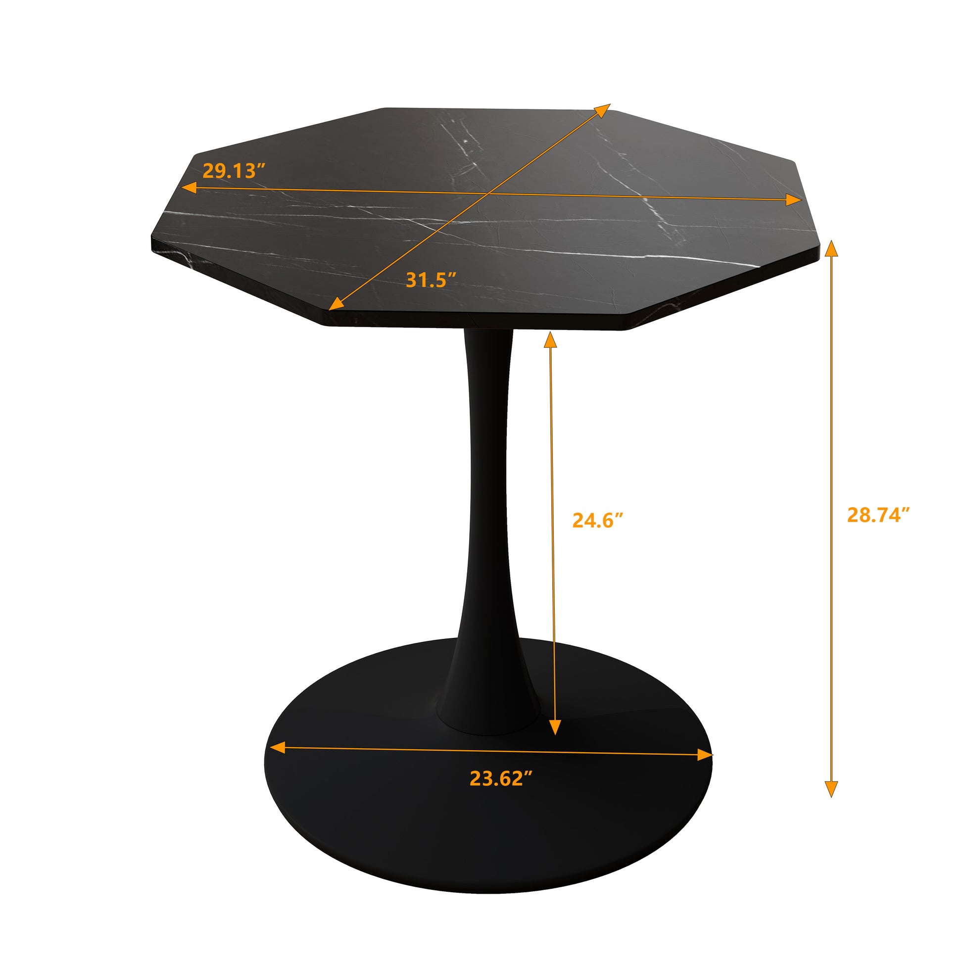 Black marble top octagonal dining table with a sleek pedestal base