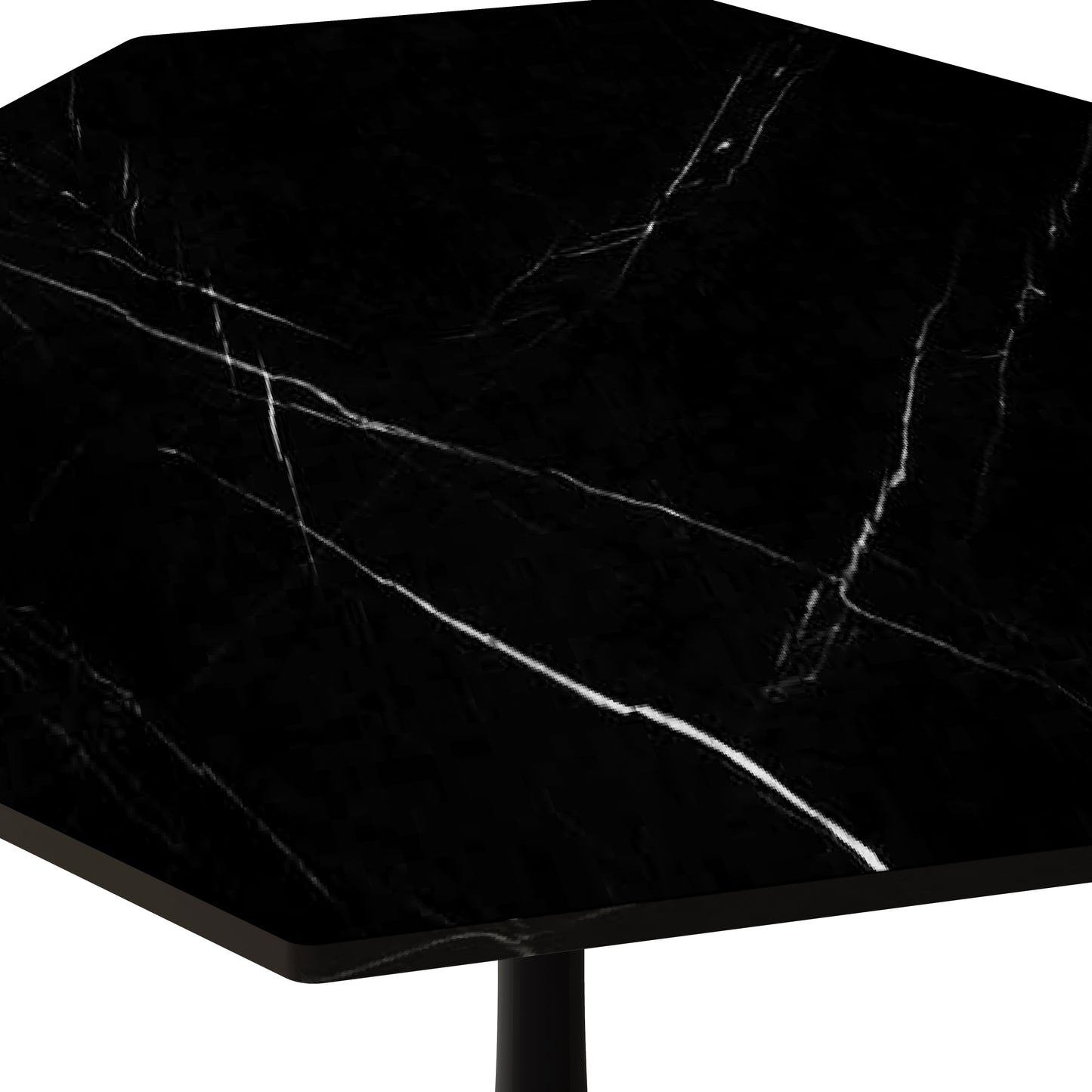 Closeup of a hexagonal black marble tabletop with white veining