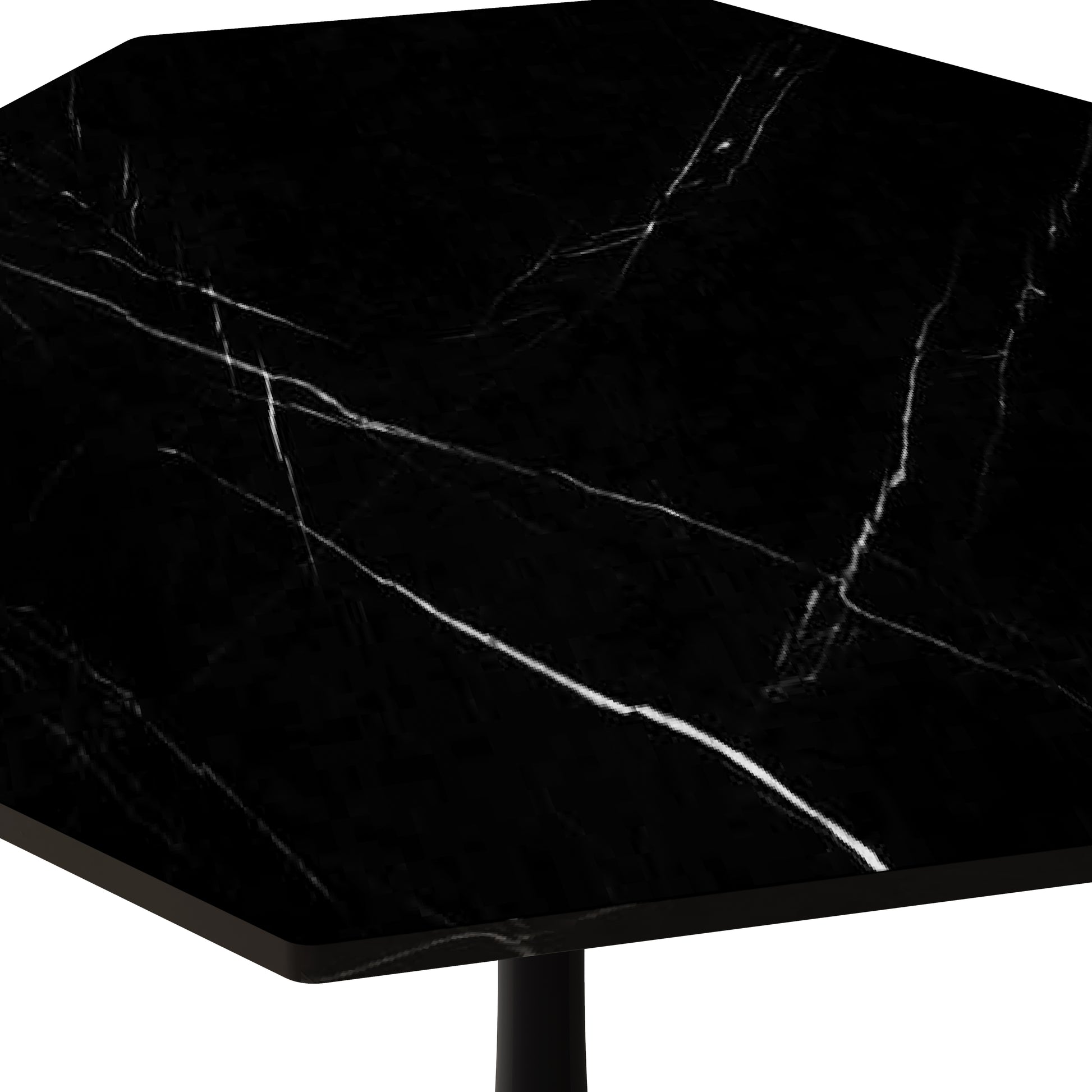 Closeup of a hexagonal black marble tabletop with white veining
