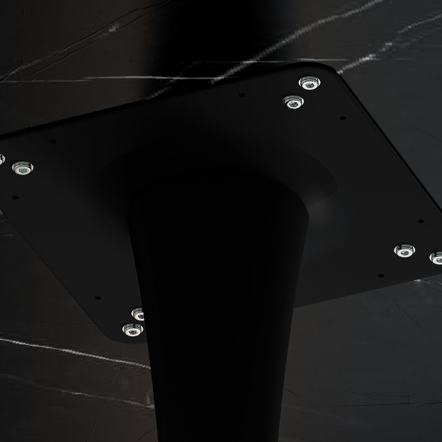 Black metal table base with square top plate and visible bolts